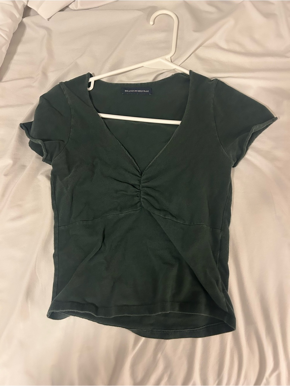 Brandy Melville Forest Green Ruched V-Neck Crop Gina Top